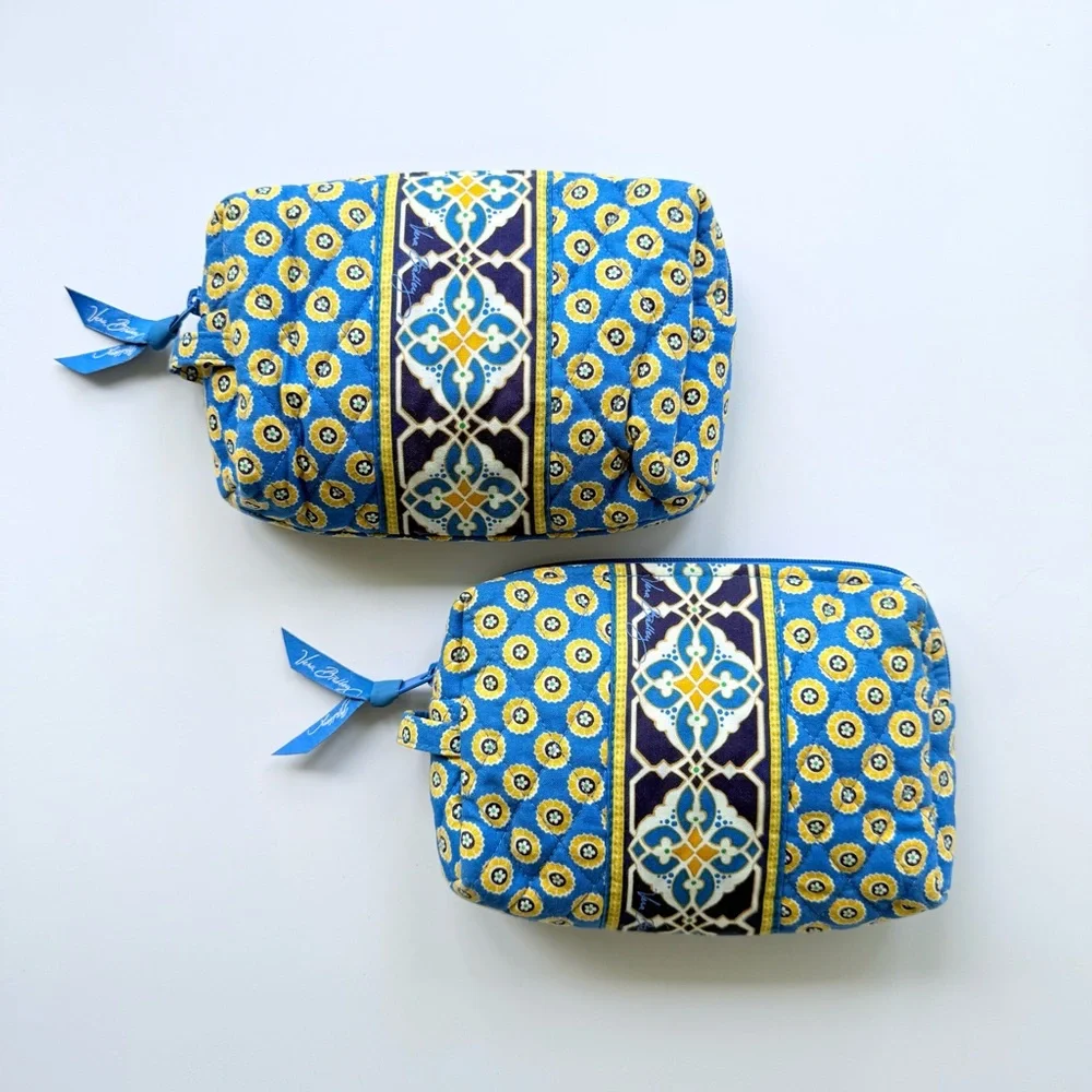 Vera Bradley Set of Two Retired Riviera Blue & Yellow Quilted Cosmetic Bags
